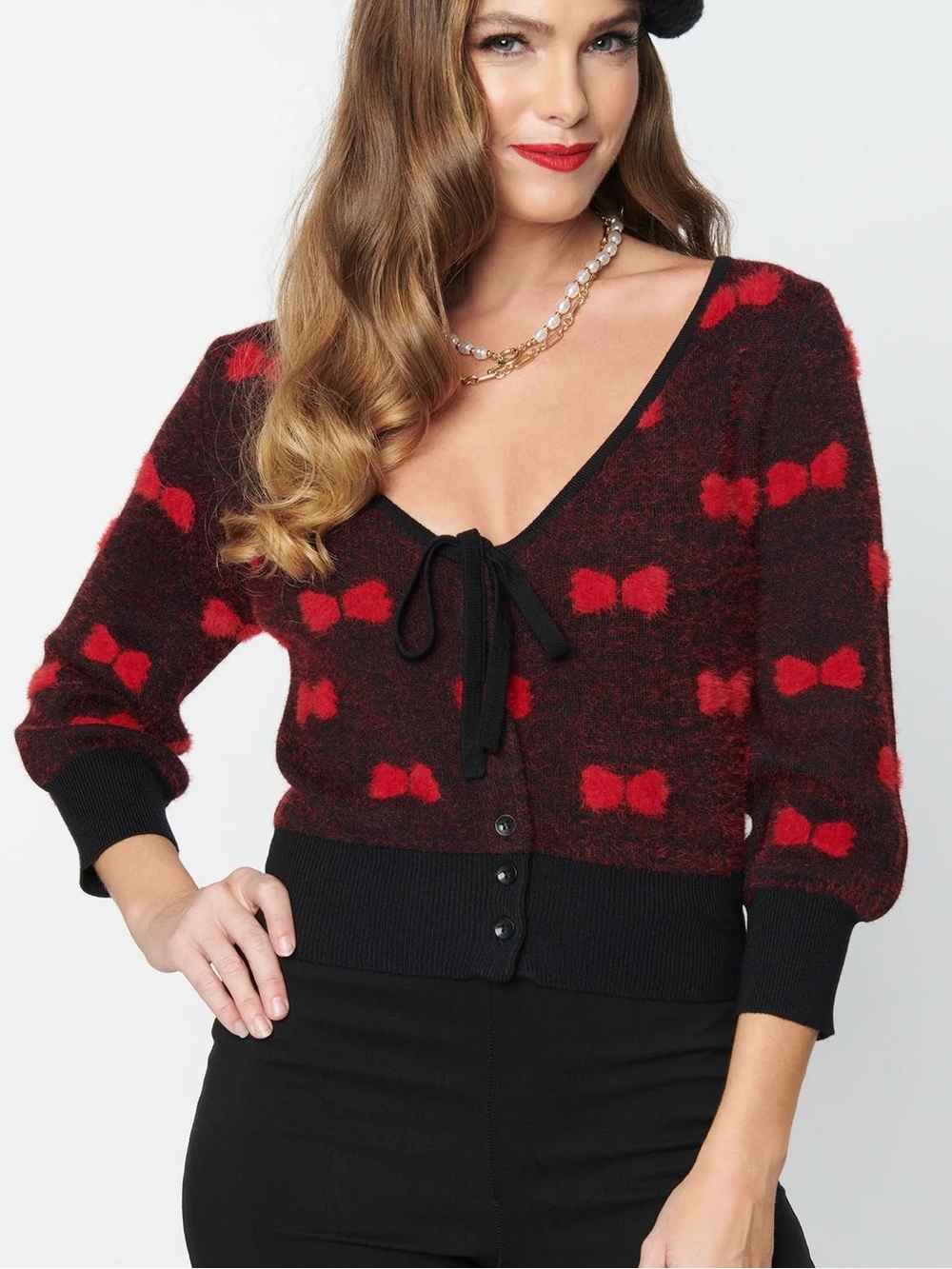 Unique vintage cropped bow fuzzy cardigan